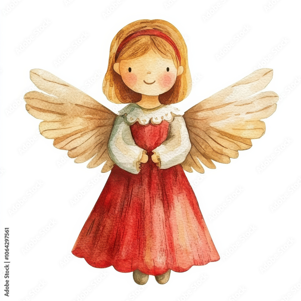 Fototapeta premium charming watercolor angel figure with delicate wings and red dress
