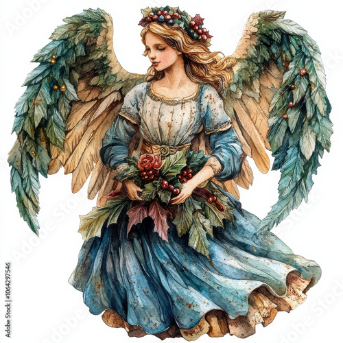 beautiful watercolor angel figure adorned with festive foliage and flowers