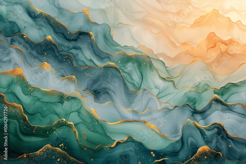 Green and Gold Abstract Watercolor Painting with Turquoise Waves and Golden Details