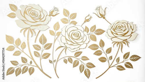 A collection of delicate white roses with intricately detailed golden outlines, rendered in a stylized paper cutout style, creating a harmonious floral composition.