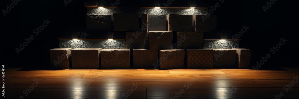 Pyramid of wooden blocks arranged on dark glossy surface with warm lighting, emphasizing texture and depth, illuminated, pyramid, arrangement Pyramid of wooden blocks arranged on dark glossy surface with warm lighting, emphasizing texture and depth, illuminated, pyramid, arrangement