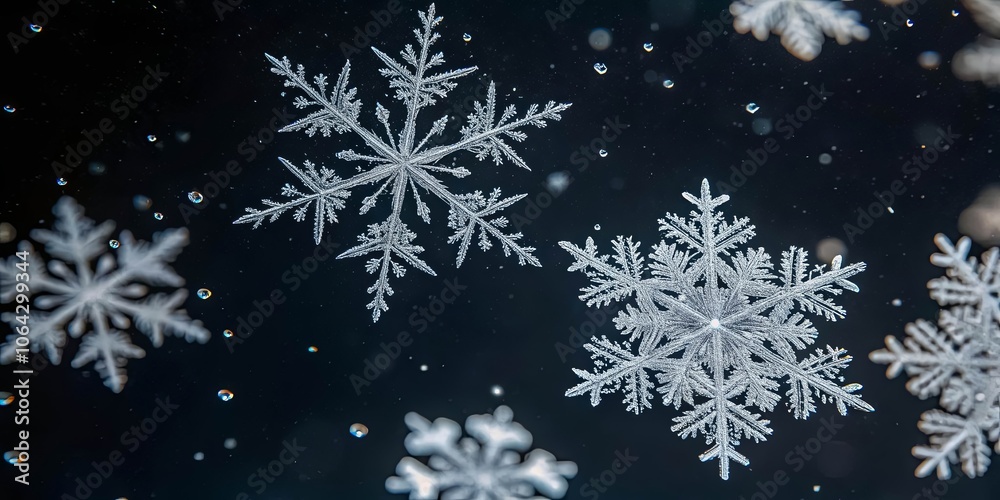 A close-up view of intricate, sparkling snowflakes suspended in a dark background, illuminated by a soft glow, showcasing the delicate beauty of winter's frozen art. A close-up view of intricate, sparkling snowflakes suspended in a dark background, illuminated by a soft glow, showcasing the delicate beauty of winter's frozen art.