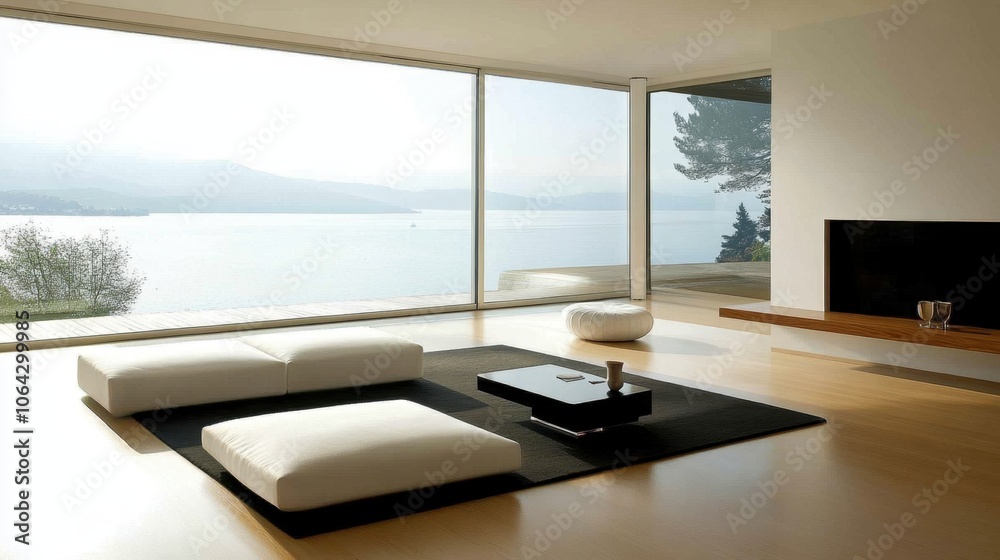 Modern minimalist living room with lake view Modern minimalist living room with lake view