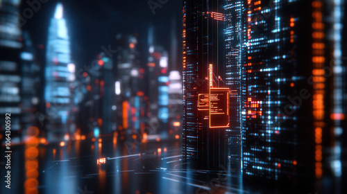 Wallpaper Mural Futuristic cityscape with glowing skyscrapers, digital data streams, and vibrant lights creating high tech atmosphere Torontodigital.ca