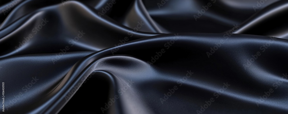 Fototapeta premium Smooth wavy black silk or satin fabric. Luxury concept. Dark elegant material texture. Background with space for design, text, product. Flat lay, top view