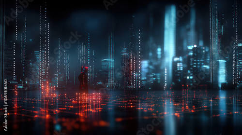 futuristic cityscape with glowing data streams and figure in foreground, representing intersection of technology and humanity