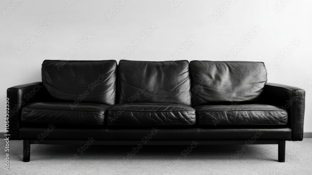 Modern Black Leather Sofa Against Minimalist Wall Modern Black Leather Sofa Against Minimalist Wall