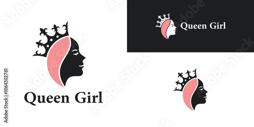 Queen girl logo design, beauty face and crown. Premium Vector