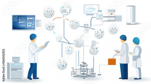 Data lifecycle flowchart illustrating data processing in laboratory setting, showcasing various devices and personnel interacting with data