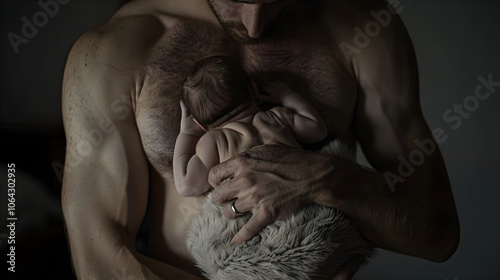 A Tender Moment of Connection in Kangaroo Care - Skin to Skin Contact with Newborn