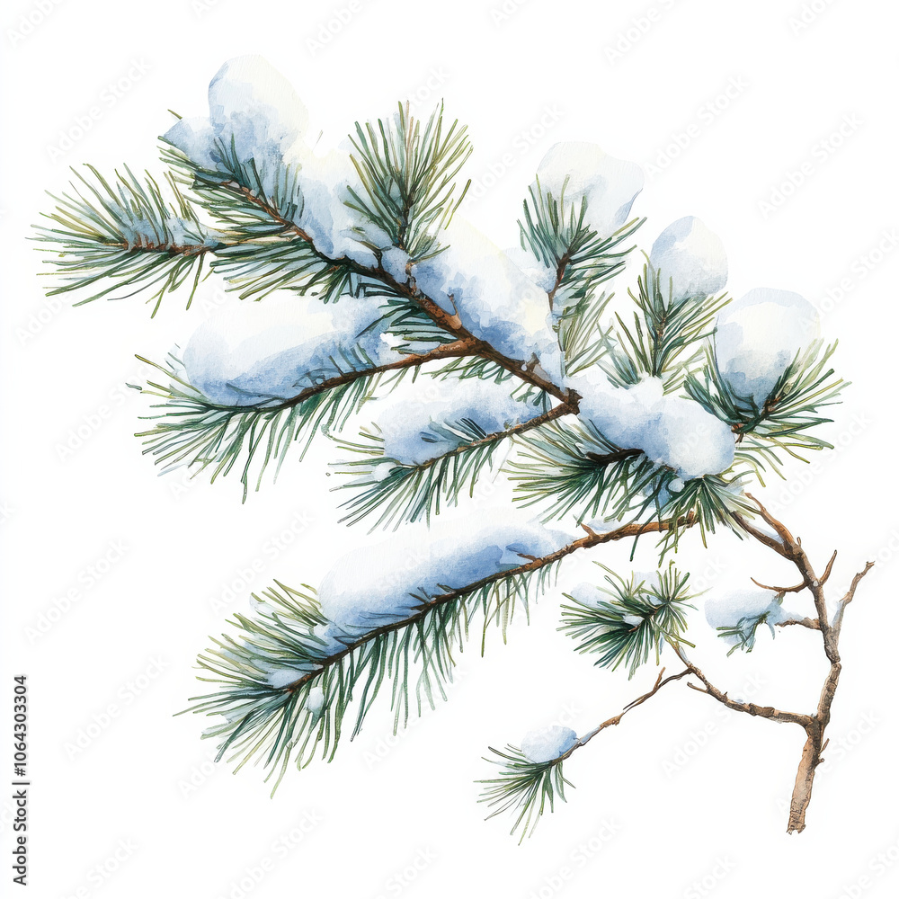 Snowy pine branch with delicate green needles and soft white snow