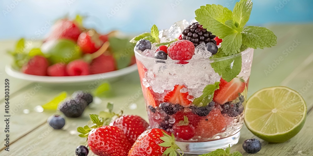 A refreshing summer drink with a mix of strawberries, raspberries, blueberries, blackberries, mint, and a lime wedge, nestled in a glass filled with ice. A refreshing summer drink with a mix of strawberries, raspberries, blueberries, blackberries, mint, and a lime wedge, nestled in a glass filled with ice.