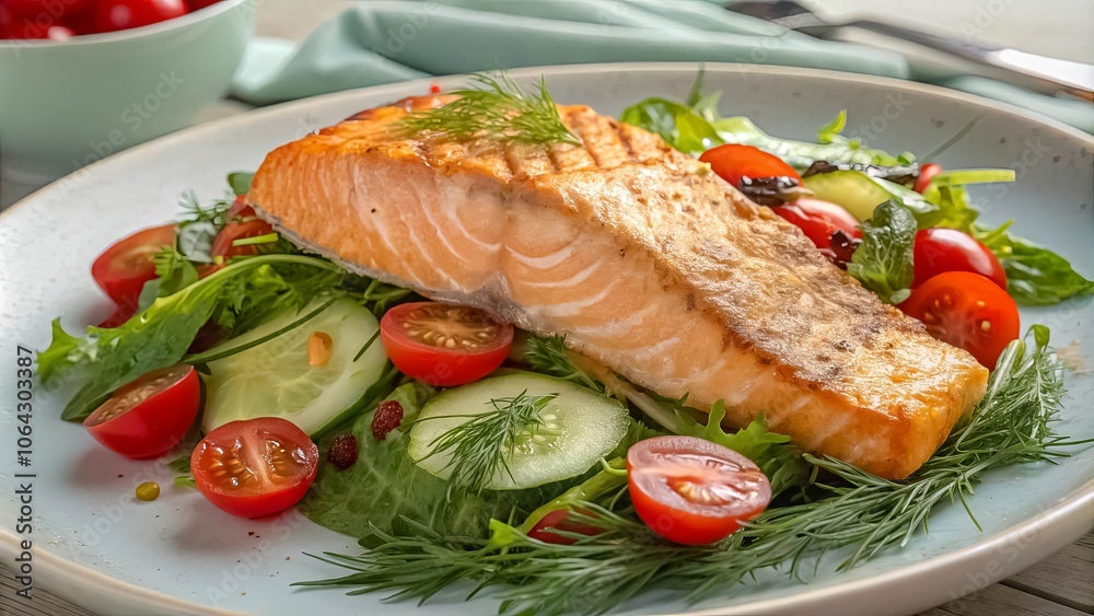 A Pan-Seared Salmon Fillet Served Atop A Bed of Fresh Salad Greens, Cucumbers, and Cherry Tomatoes A Pan-Seared Salmon Fillet Served Atop A Bed of Fresh Salad Greens, Cucumbers, and Cherry Tomatoes