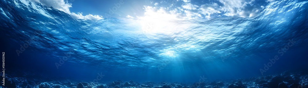 Underwater View of Blue Ocean with Sunbeams and Clouds Underwater View of Blue Ocean with Sunbeams and Clouds