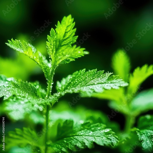 Fresh green leaves glistening with dew, symbolizing new beginnings and hope