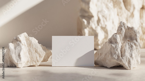 Blank business card displaying next to white rocks with sunlight creating sha...