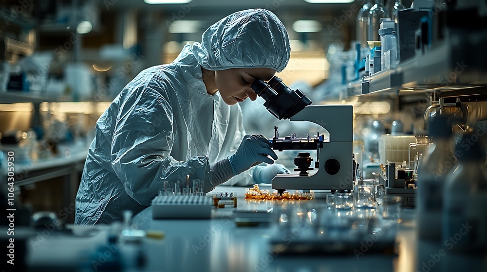 A scientist in a lab coat uses a microscope to examine a sample. A scientist in a lab coat uses a microscope to examine a sample.