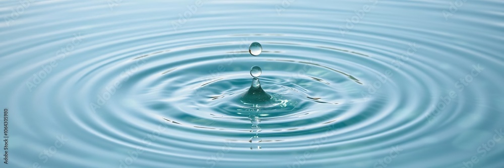 A calm clear water surface with a single drop creating circular waves that radiate outward in all directions, natural beauty, gentle lapping A calm clear water surface with a single drop creating circular waves that radiate outward in all directions, natural beauty, gentle lapping