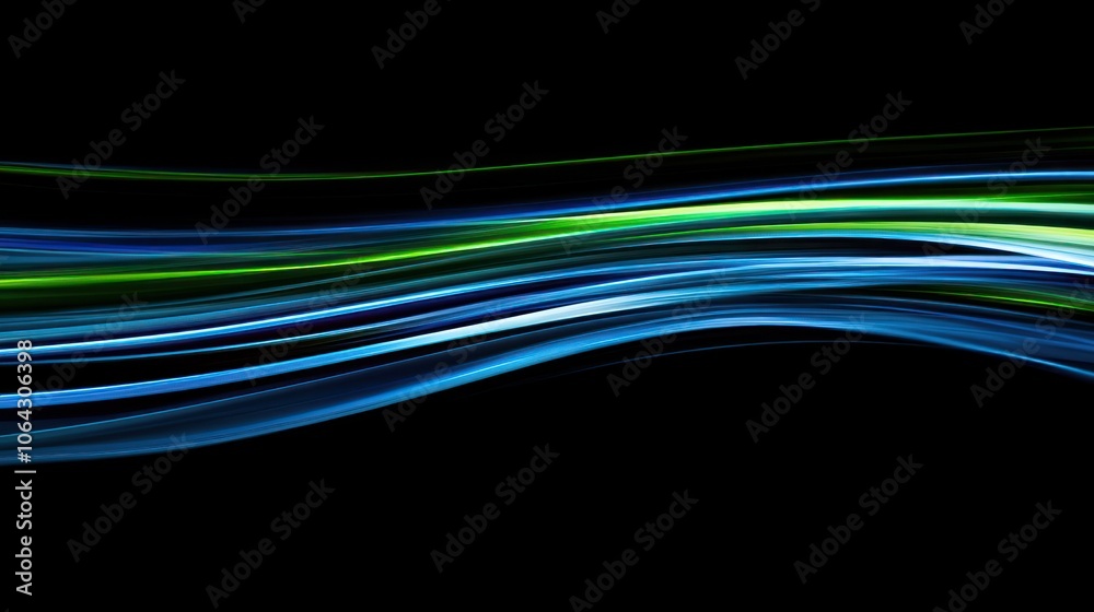 Abstract flowing lines in blue and green on a black background, creating a dynamic visual effect.