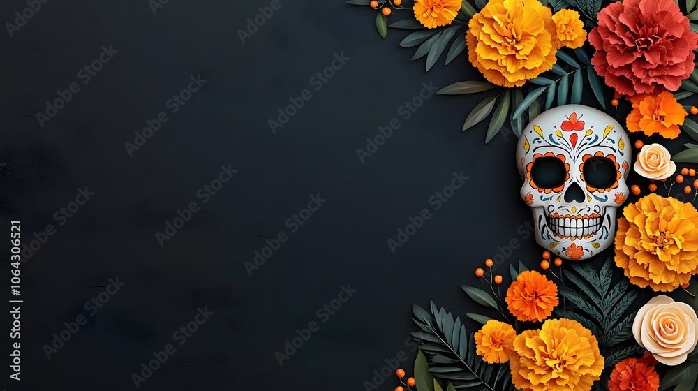 Vibrant Sugar Skull Surrounded by Neon Marigolds Symbolizing Life and Death in Colorful Harmony. Sugar Skull-themed in Luminous Colours Concept Vibrant Sugar Skull Surrounded by Neon Marigolds Symbolizing Life and Death in Colorful Harmony. Sugar Skull-themed in Luminous Colours Concept