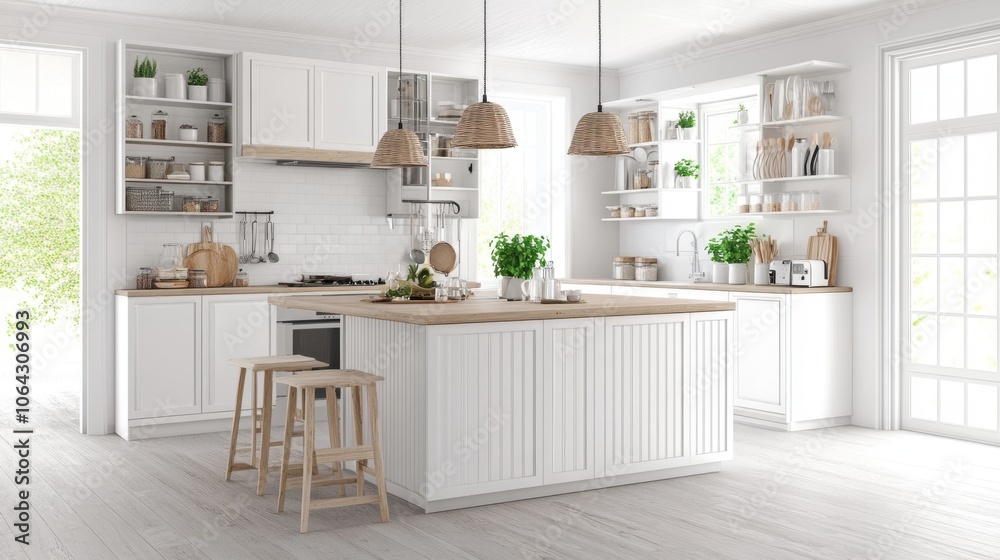 Fototapeta premium Modern White Kitchen with Natural Accents