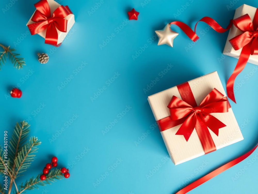 Red gift box with shiny satin bow on a festive blue background with space for text, surprise, celebration, top view Red gift box with shiny satin bow on a festive blue background with space for text, surprise, celebration, top view