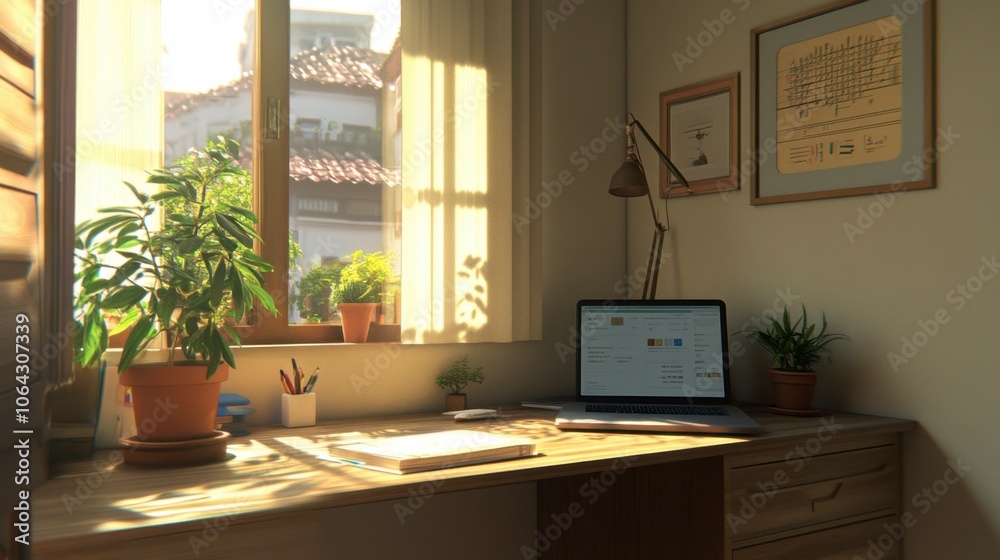 Fototapeta premium Bright and Cozy Home Office with Natural Light