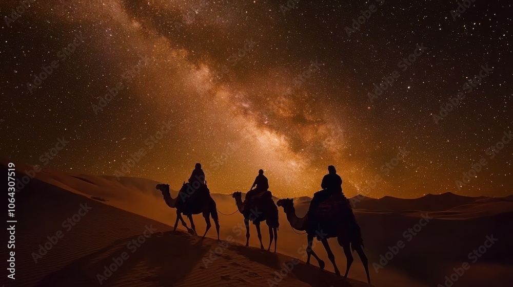 Three camels are riding through the desert at night, with a sky full of stars Three camels are riding through the desert at night, with a sky full of stars