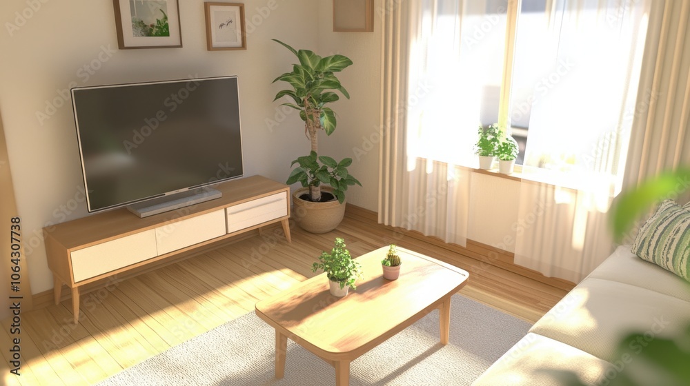Cozy Living Room with Natural Light and Green Plants Cozy Living Room with Natural Light and Green Plants