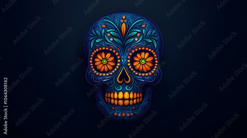 Vibrant Display of a Neon Sugar Skull Showcasing Intricate Floral and Decorative Patterns. Sugar Skull-themed in Luminous Colours Concept Vibrant Display of a Neon Sugar Skull Showcasing Intricate Floral and Decorative Patterns. Sugar Skull-themed in Luminous Colours Concept