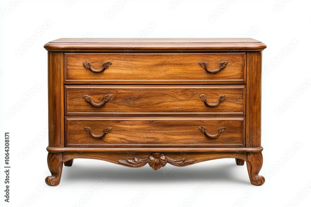 A wooden dresser with three drawers and a carved design