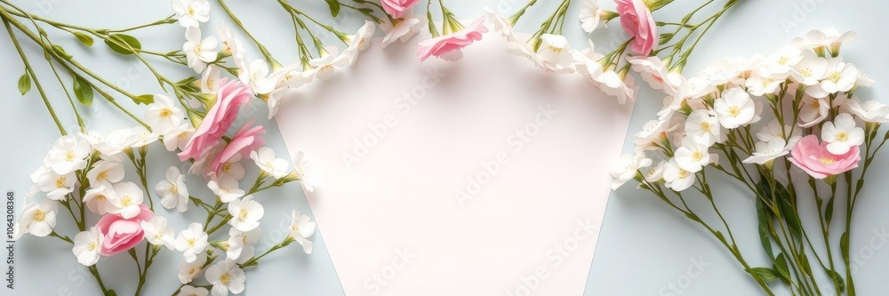 Romantic flat lay with white gypsophila flowers, square photo frame, on pastel blue background for greeting card, Mother's Day, gypsophila, white, birthday Romantic flat lay with white gypsophila flowers, square photo frame, on pastel blue background for greeting card, Mother's Day, gypsophila, white, birthday