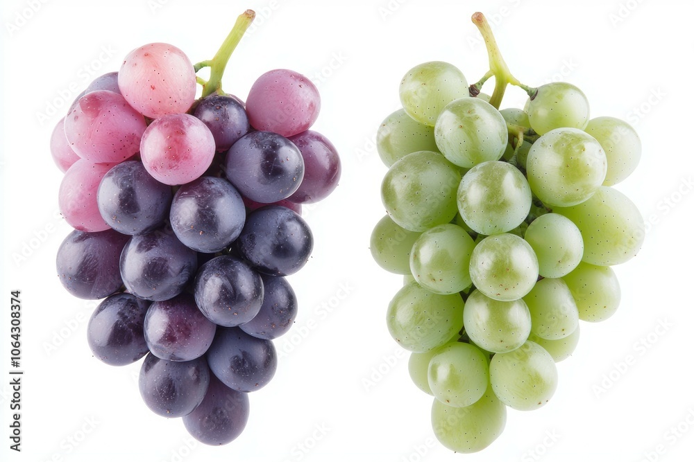 Two bunches of grapes, one purple and one green Two bunches of grapes, one purple and one green