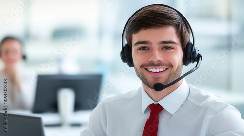 Cheerful call center agent wearing a headset, ready to assist customers and provide excellent service.