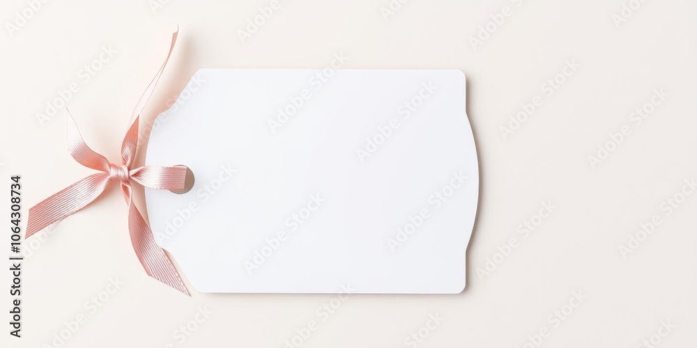 Round label card mockup with beige ribbon on white background, white, card, ribbon Round label card mockup with beige ribbon on white background, white, card, ribbon
