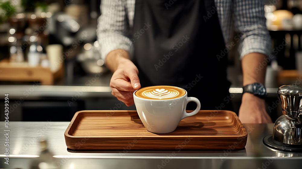 © Tanakrit - A barista is holding a white coffee cup with a leaf design on it © Tanakrit - A barista is holding a white coffee cup with a leaf design on it