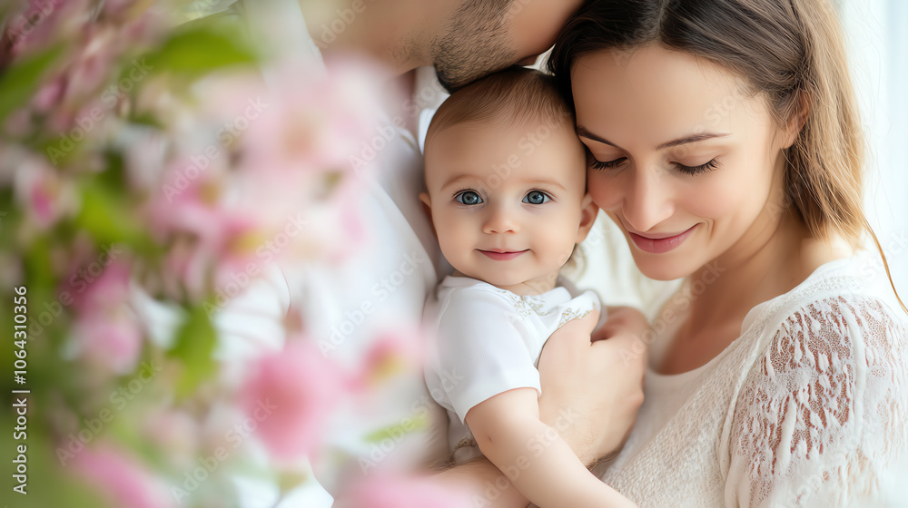 A joyful mother lovingly embraces her baby, surrounded by soft flowers in a serene environment. A joyful mother lovingly embraces her baby, surrounded by soft flowers in a serene environment.