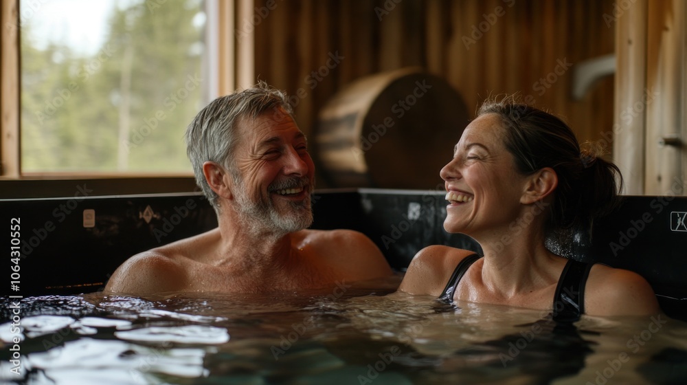 Fototapeta premium A joyful moment shared between two people in a relaxing hot tub setting.