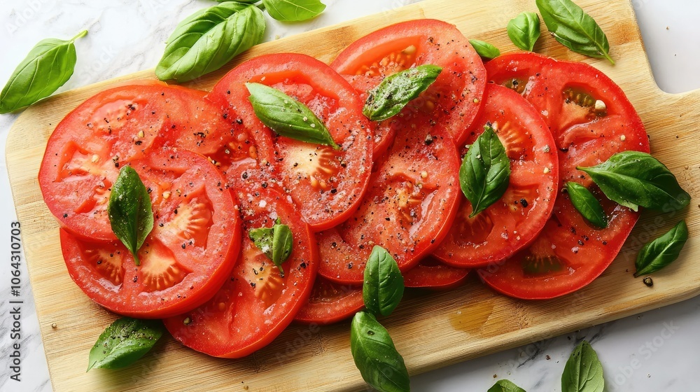 Fresh Tomato and Basil Slices on Wooden Board Fresh Tomato and Basil Slices on Wooden Board