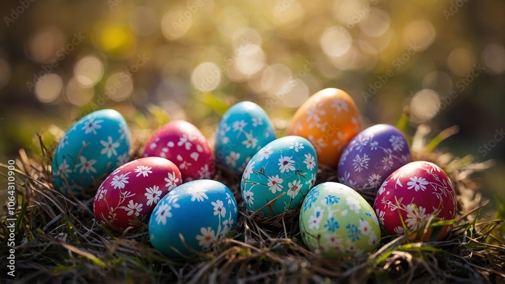 Group of Easter eggs dyed with bright colors and painted white flowers with a green grass and bokeh sunlight background Group of Easter eggs dyed with bright colors and painted white flowers with a green grass and bokeh sunlight background