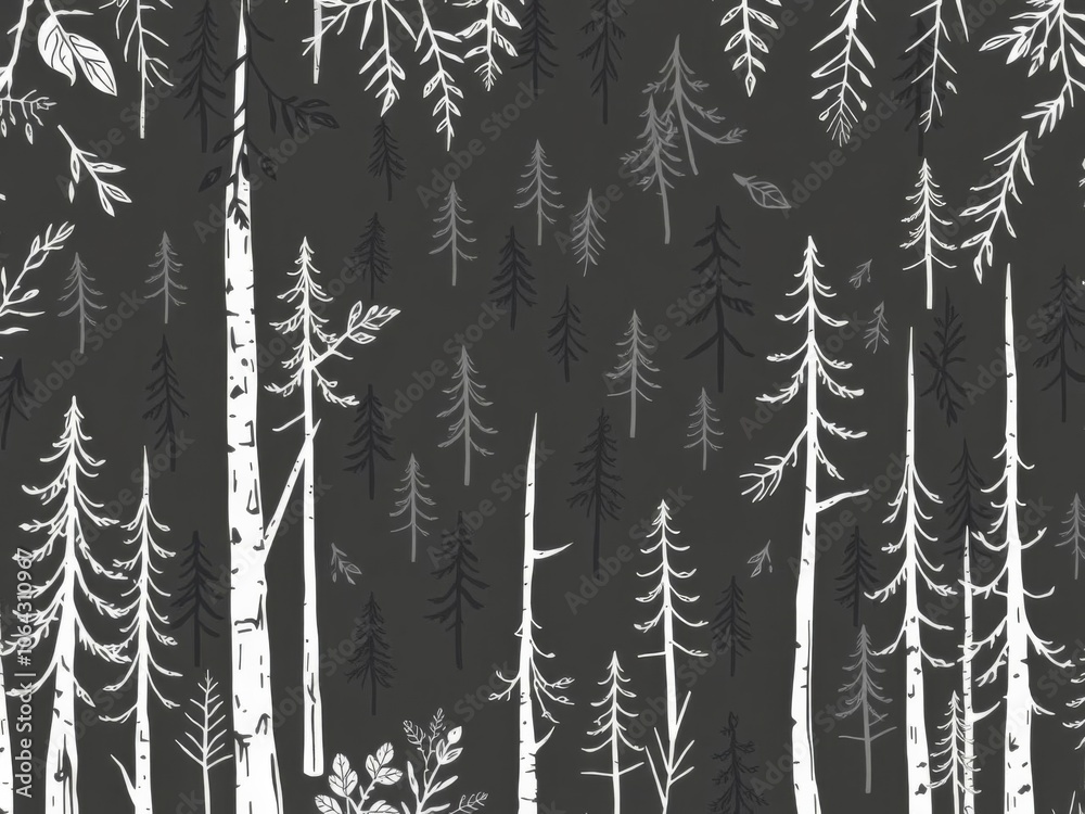 Scandinavian forest seamless pattern in doodle style vector illustration in black and white colors for design projects, foliage, background, nature