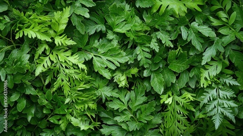 Closeup of wild fern textures, soft morning light, outdoor botanical detail