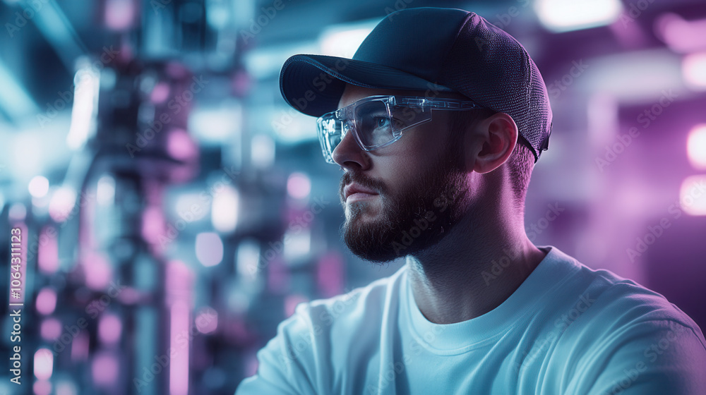 focused man wearing glasses and cap in modern industrial setting, surrounded by machinery and vibrant lighting, exuding sense of concentration and professionalism focused man wearing glasses and cap in modern industrial setting, surrounded by machinery and vibrant lighting, exuding sense of concentration and professionalism