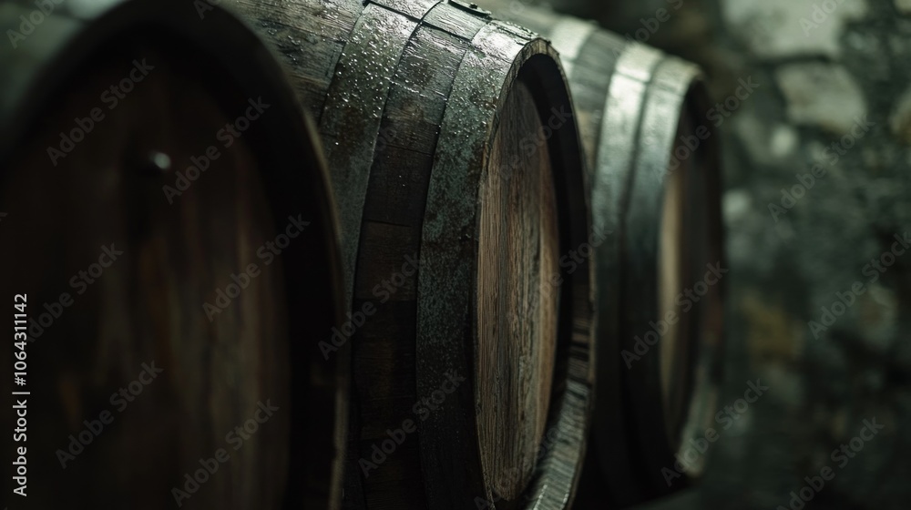 A close-up view of wooden barrels in a cellar, likely for aging beverages. A close-up view of wooden barrels in a cellar, likely for aging beverages.