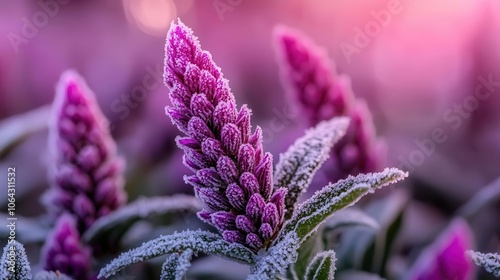 Macro of frostcovered lavender buds, rich purple and icy tones, cool outdoor winter photo