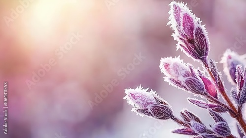 Macro of frostcovered lavender buds, rich purple and icy tones, cool outdoor winter photo