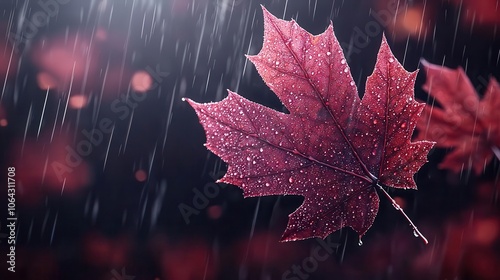 Macro of rainsoaked maple leaf, rich red tones, glistening outdoor setting photo