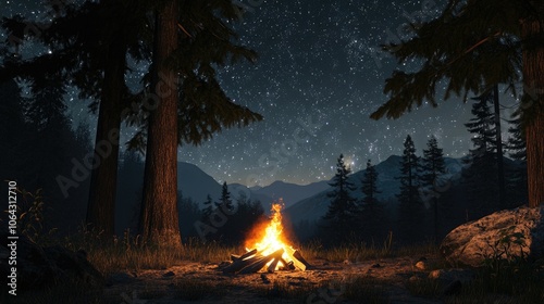 Smoke rising from a campfire in the wilderness, with the warm glow of the flames against