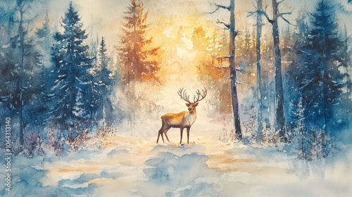 serene reindeer stands in snowy forest at sunset, surrounded by tall trees