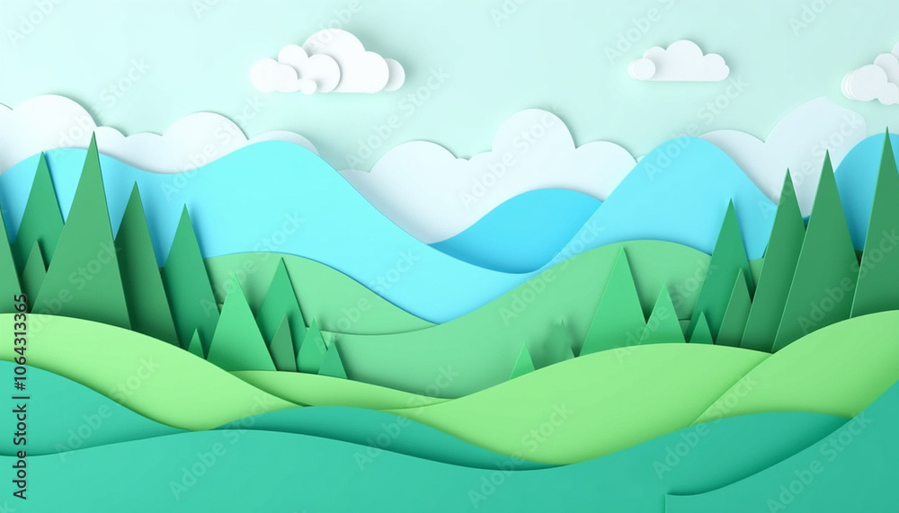 Obraz premium Layered paper landscape background, multiple layers of cut-out paper in shades of green and blue forming hills, trees, and clouds, creating a 3D depth effect, soft and tactile.